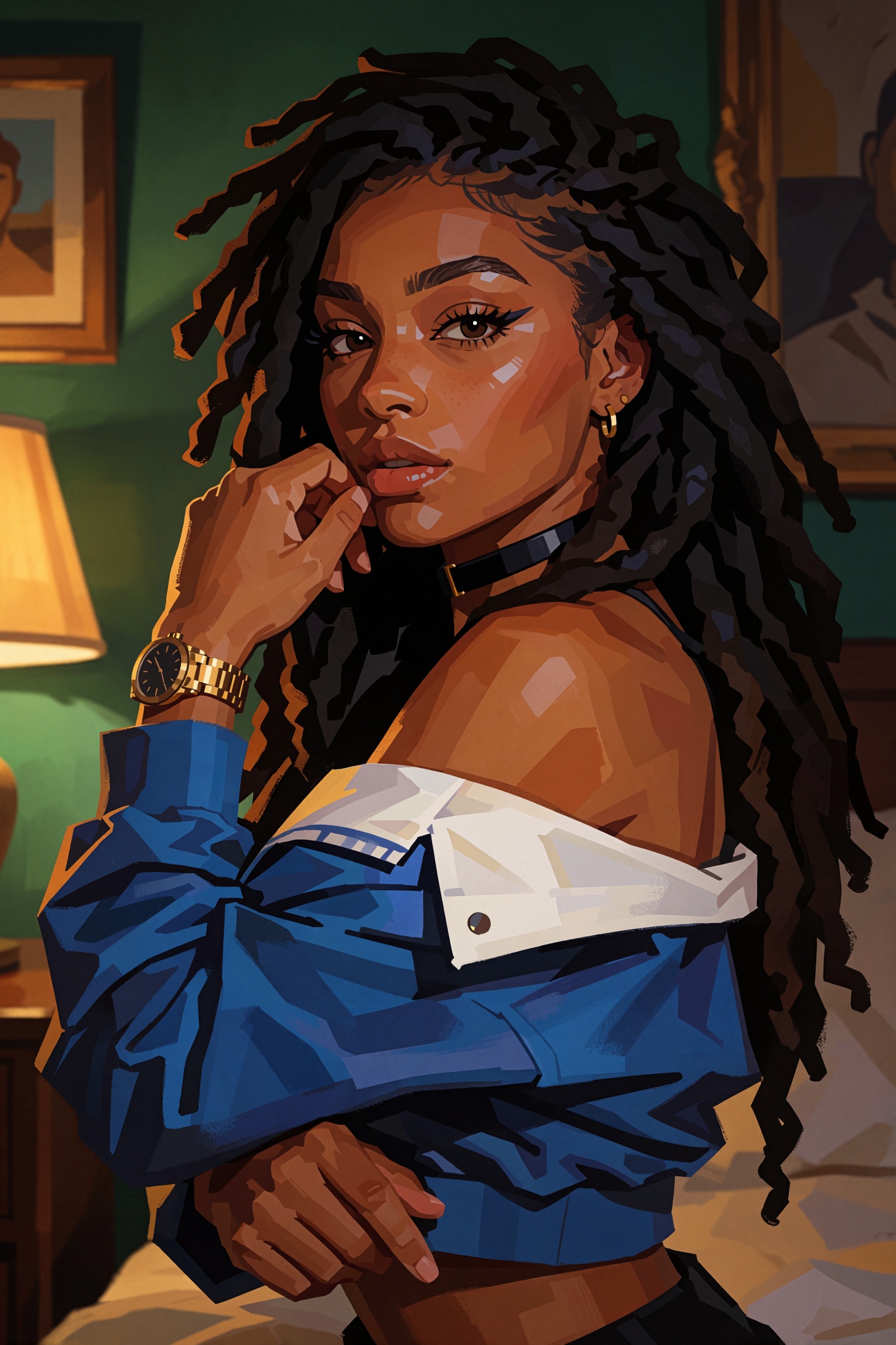 a stylized painting of a woman with long black dreadlocks looking towards the viewer over her shoulder. she is wearing a b...