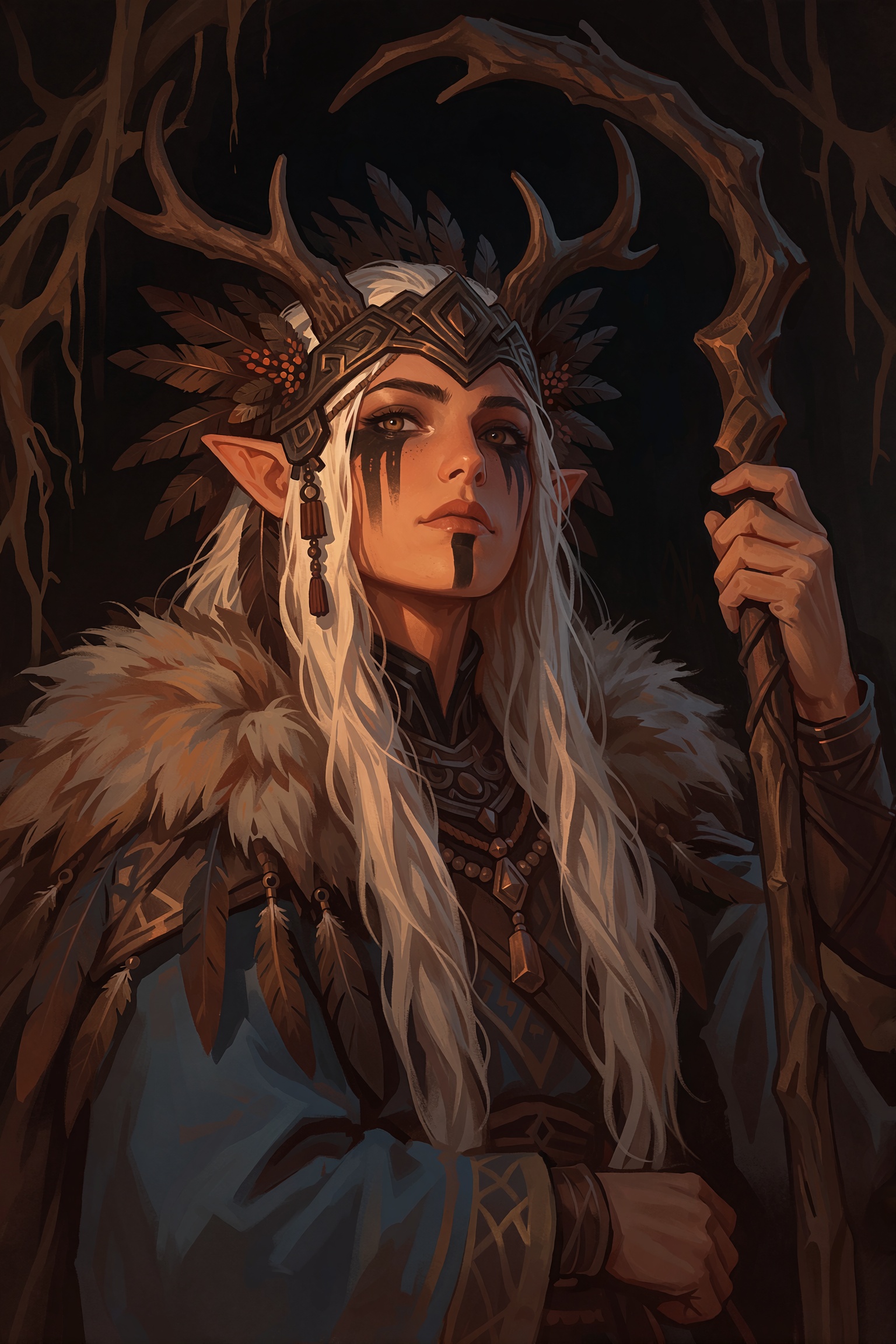 a fantasy portrait of a female elf with antlers and long white hair. her face features prominent black war paint around he...