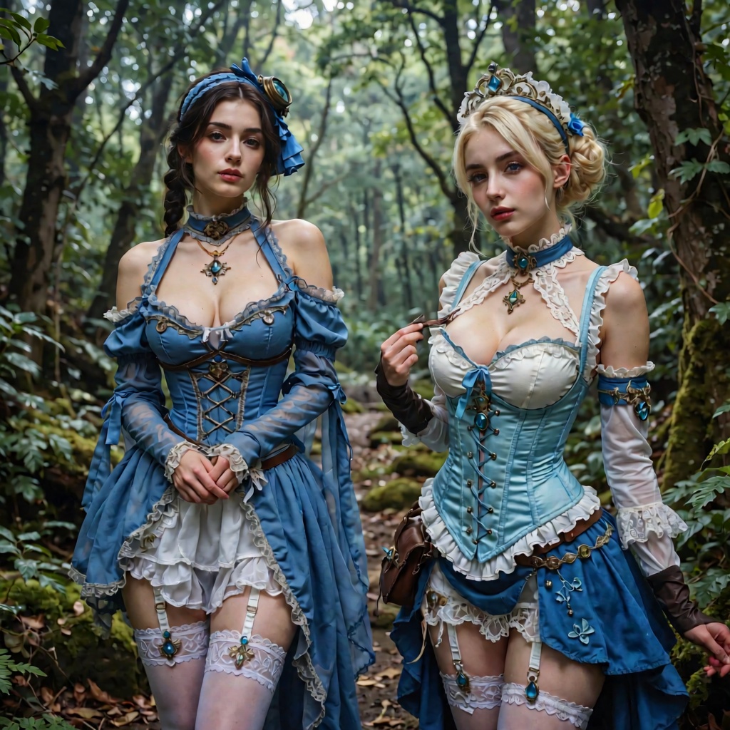 arafed woman in a blue dress and white stockings posing in a forest,  a sexy maid in a magical forest,  blue corset on Ten...
