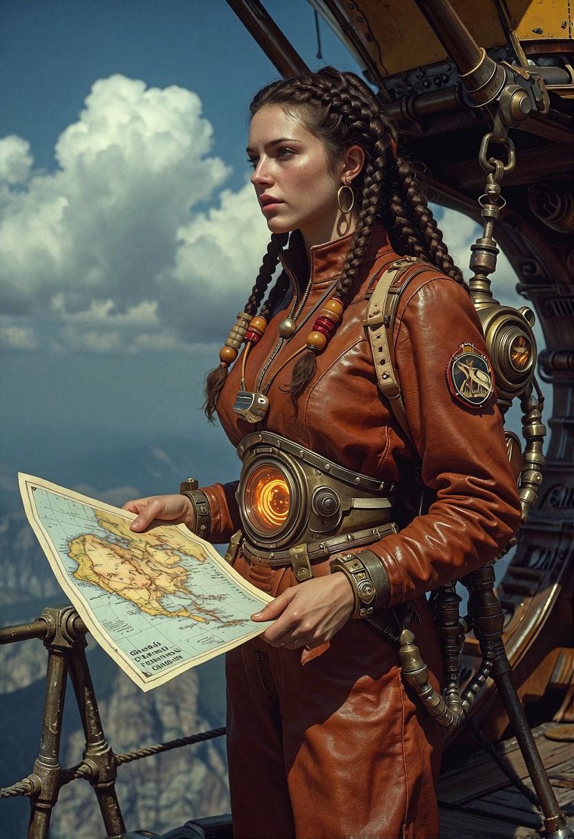 A daring explorer stands on the prow of her airship,  her braided hair adorned with brass beads. She wears a leather bodys...