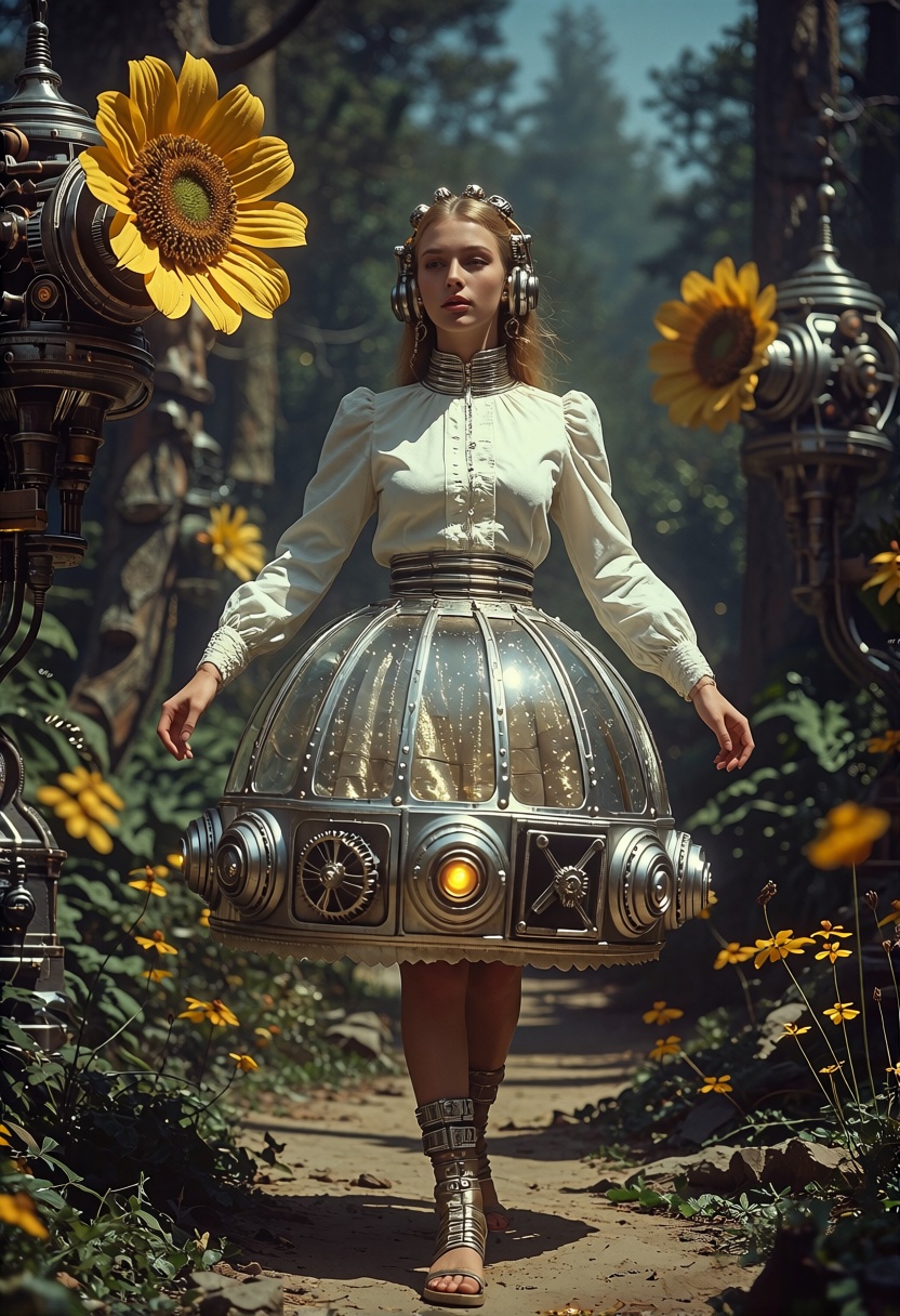 A portrait girl wearing a futuristic hoop skirt of shimmering metal walks through a garden of mechanical flowers. Each ste...
