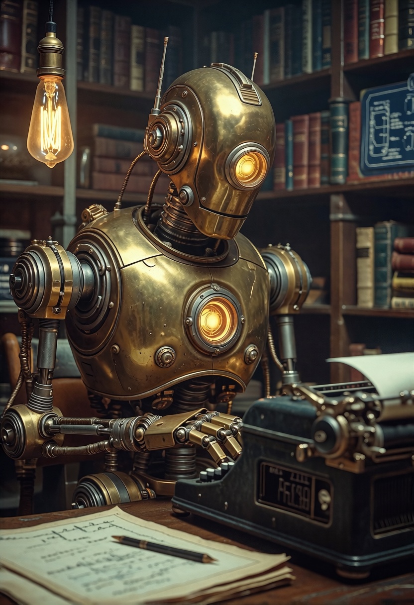 retrofuturism,  A robot with intricately designed brass joints and a glowing chestplate sits at a vintage typewriter in a...