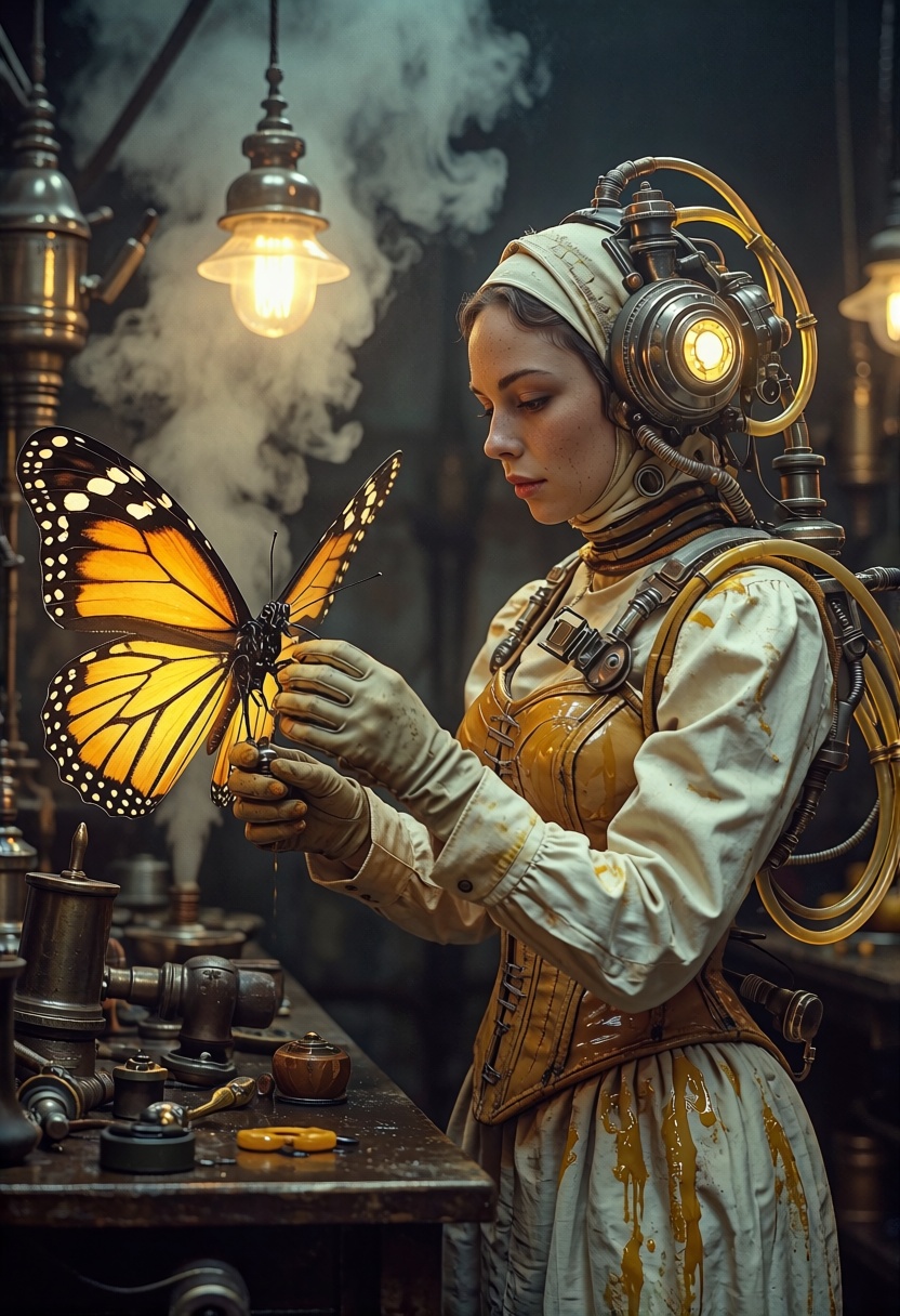 A graceful inventor with oil-streaked gloves adjusts the intricate wings of a mechanical butterfly. Wearing a corset embel...