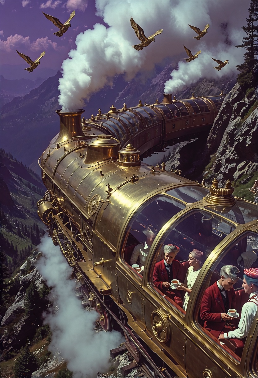 retrofuturism,  A massive,  sleek steam-powered train snakes through a mountainous landscape on Tensor.Art
