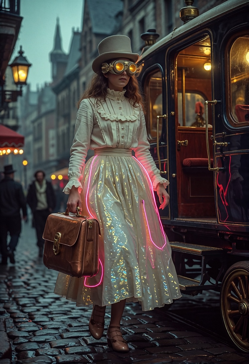 A young woman with a top hat and luminous goggles steps off a steam-powered carriage onto cobblestone streets. Her layered...