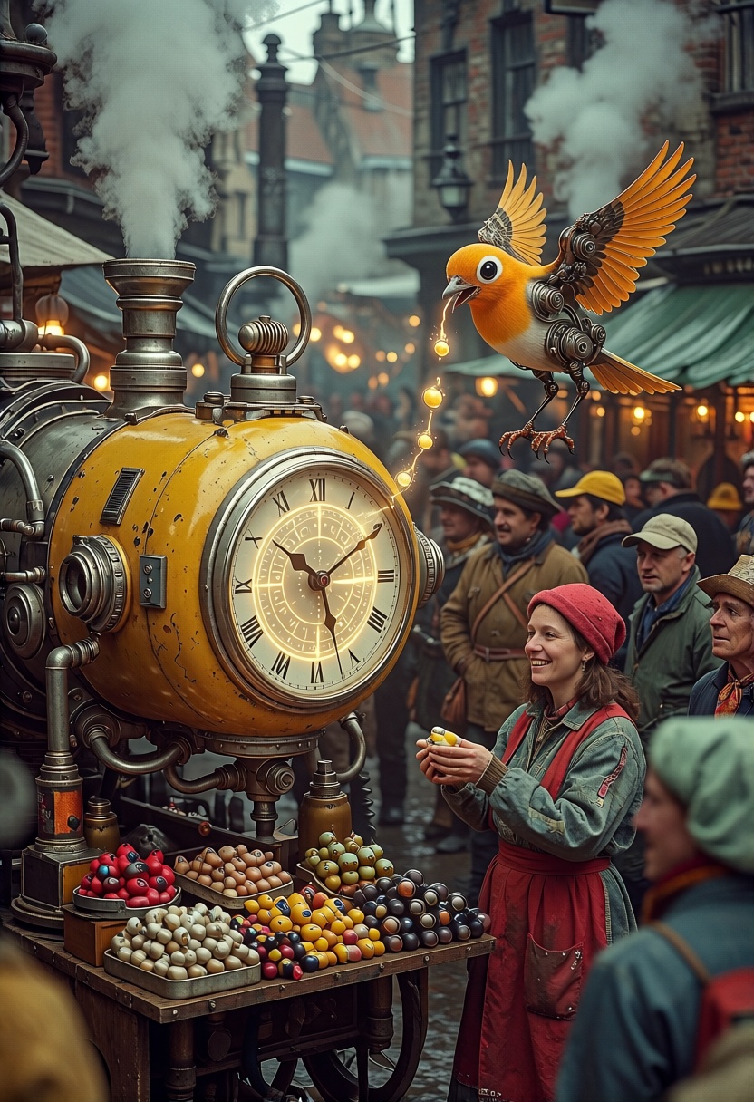 retrofuturism,  A crowded marketplace brims with colorful steam-powered gadgets and quirky inventions,  where merchants **...