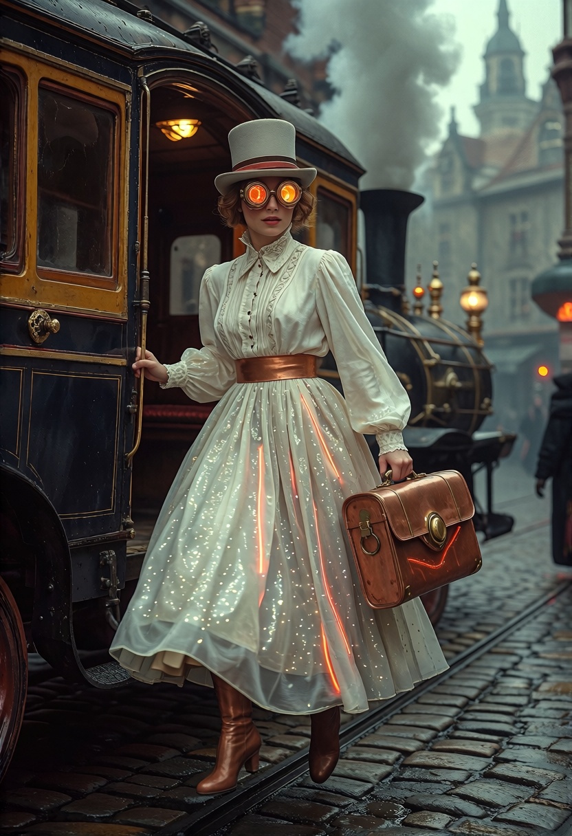 A young woman with a top hat and luminous goggles steps off a steam-powered carriage onto cobblestone streets. Her layered...
