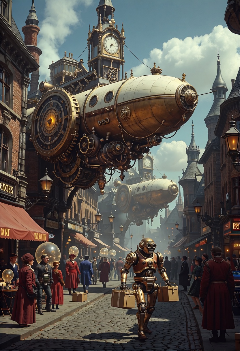 retrofuturism,  A sprawling steampunk city bursts to life with massive airships crisscrossing the skyline,  their brass fi...