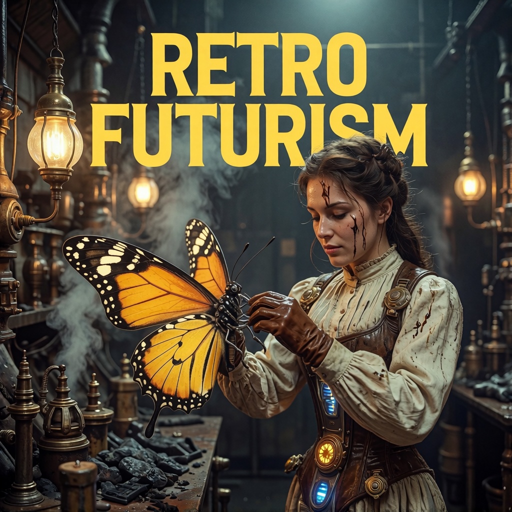 A big cover sci-fi text prominent steampunk text reading "RETRO FUTURISM" is centered above the scene. In the foreground,...
