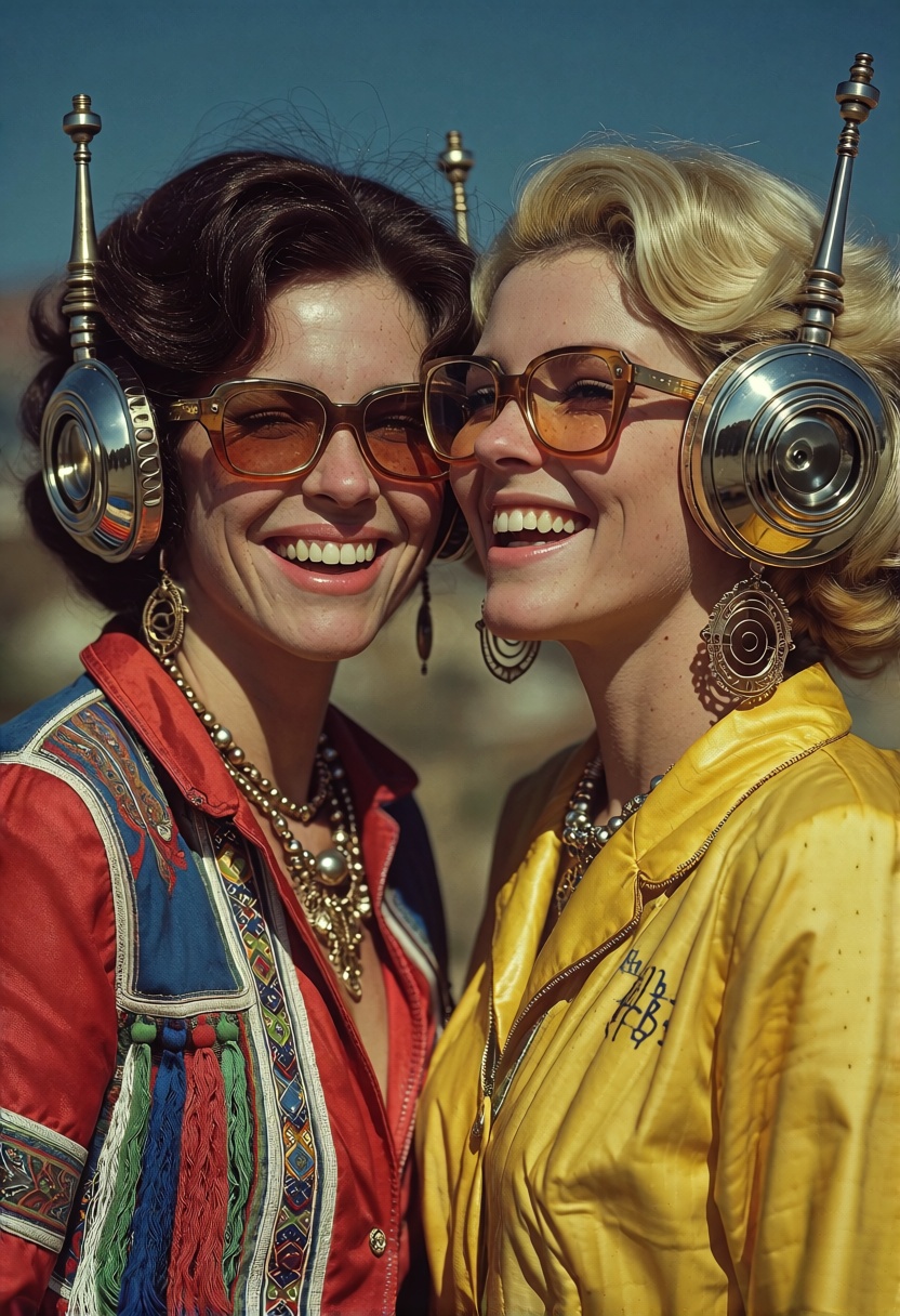 portrait of two woman,  smiling happy ,  retrofuturism on Tensor.Art