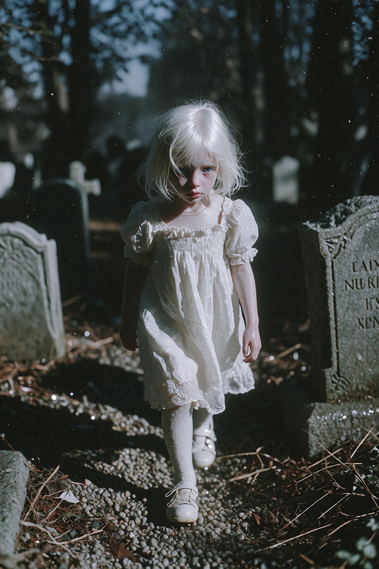 a dark and eerie graveyard scene,  A little girl with white hair and blue eyes walks through a graveyard at night,  white...