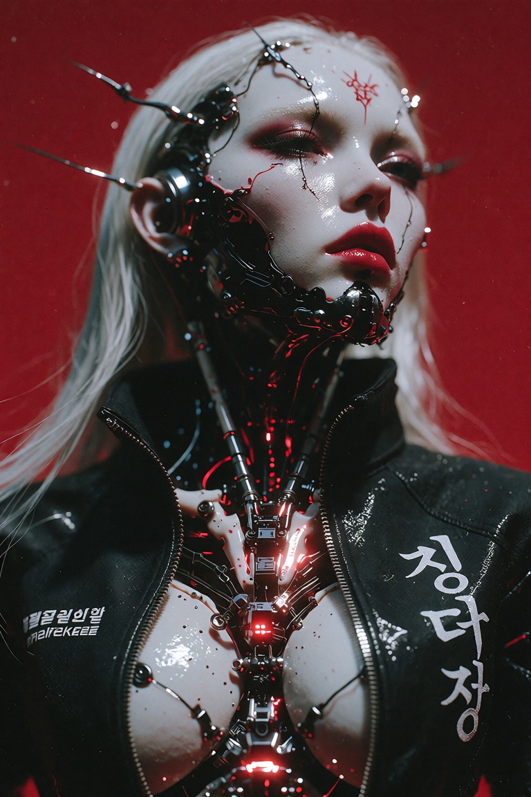 A striking portrait features a cyborg figure with pale,  almost porcelain-like skin,  looking upwards and to the right aga...