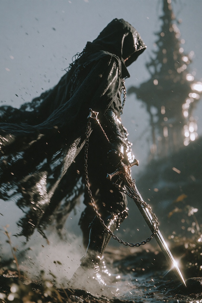 cinematic lighting,  darkBiopunk,  a cloaked figure stands in a foggy landscape on Tensor.Art