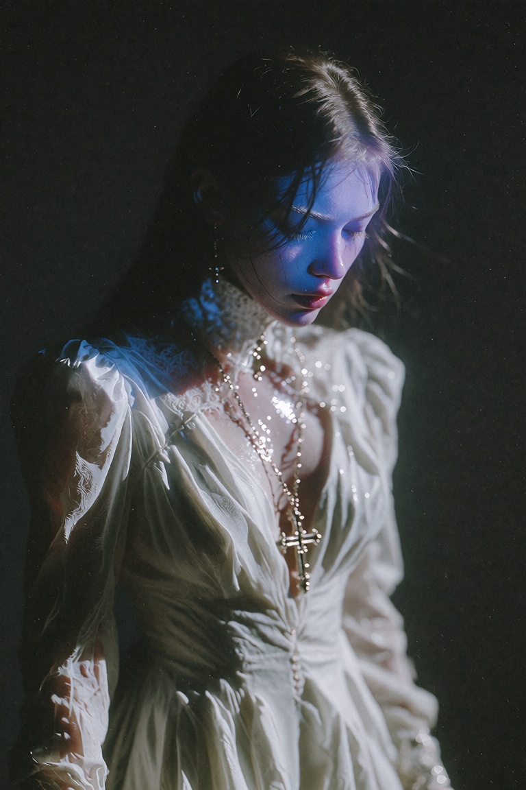 a woman with long,  dark hair and a pale complexion stands in a dimly lit room. she wears a white dress with a high collar...