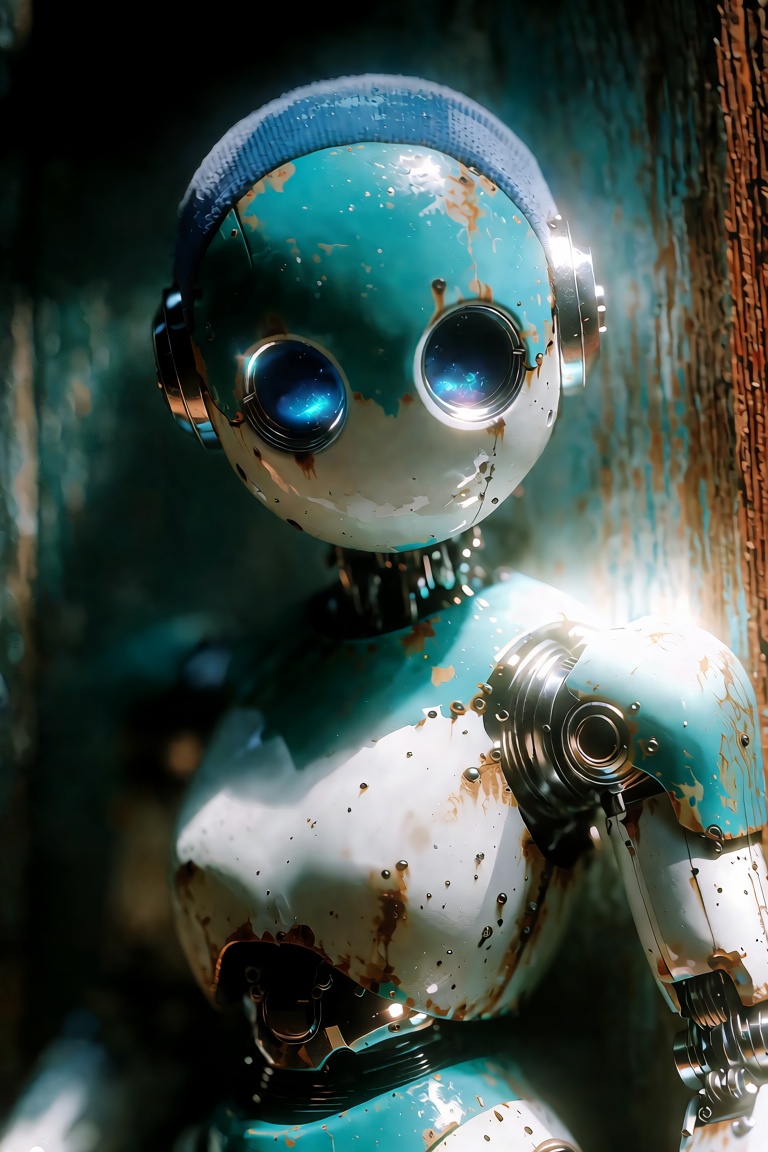 a robot,  with a white body and a turquoise head,  stands against a rustic on Tensor.Art