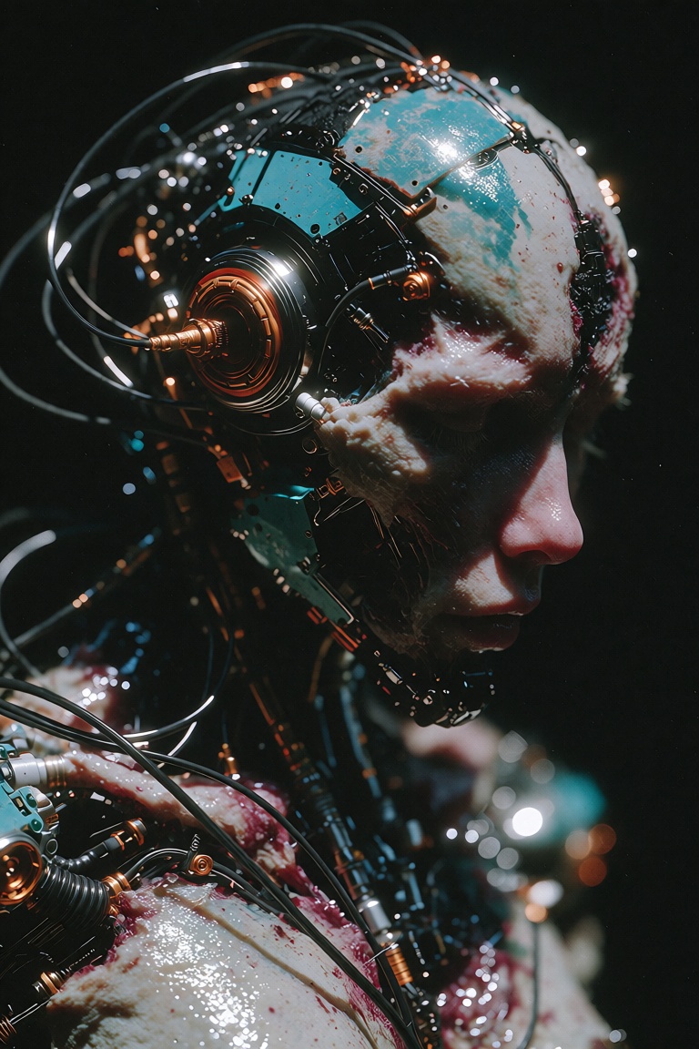 DarkAtmosCE style,  wired cyborg. Fabrication of complex mechanical parts and wires,  decaying flesh reconstructed into cy...