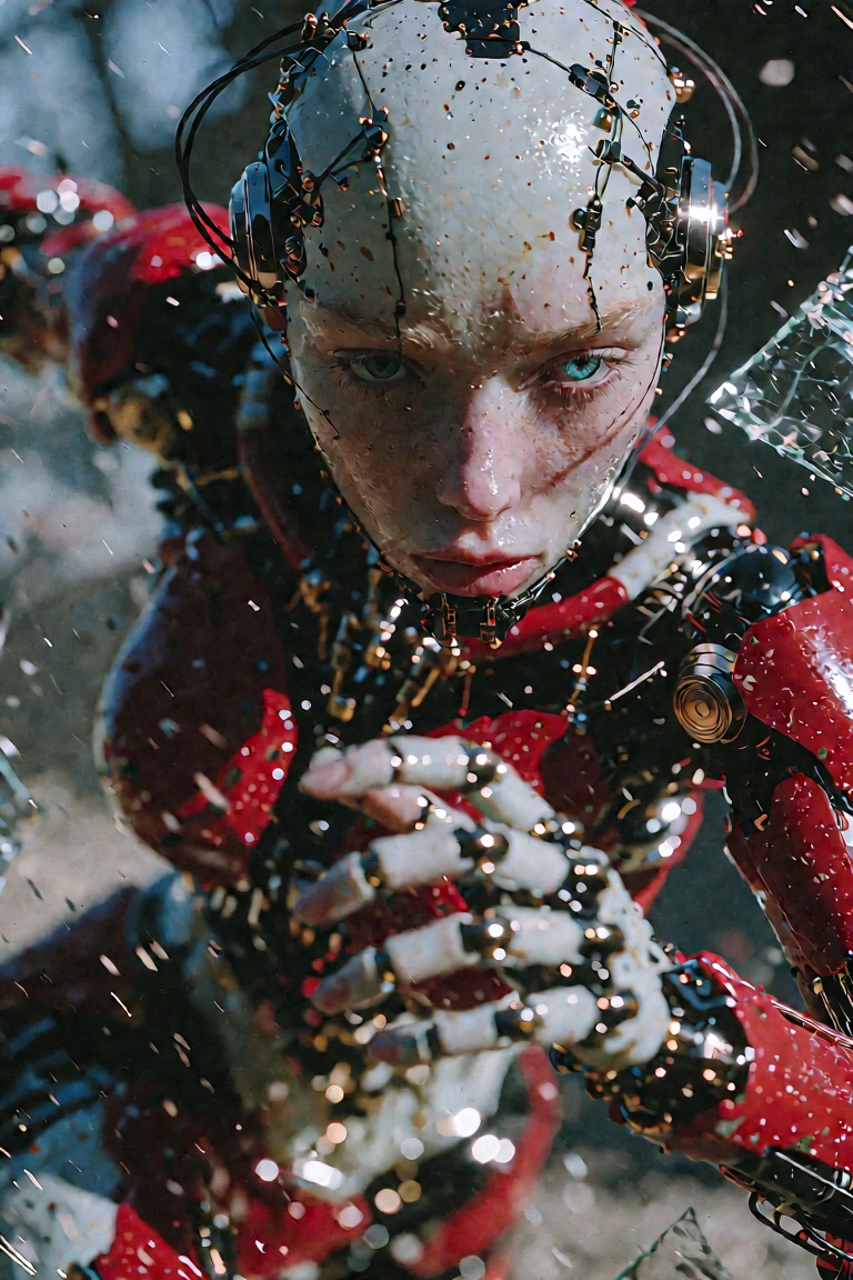 Full length view. Red and black cyborg woman. A dynamic picture,  the whole body of the cyborg is in motion. Porcelain fac...