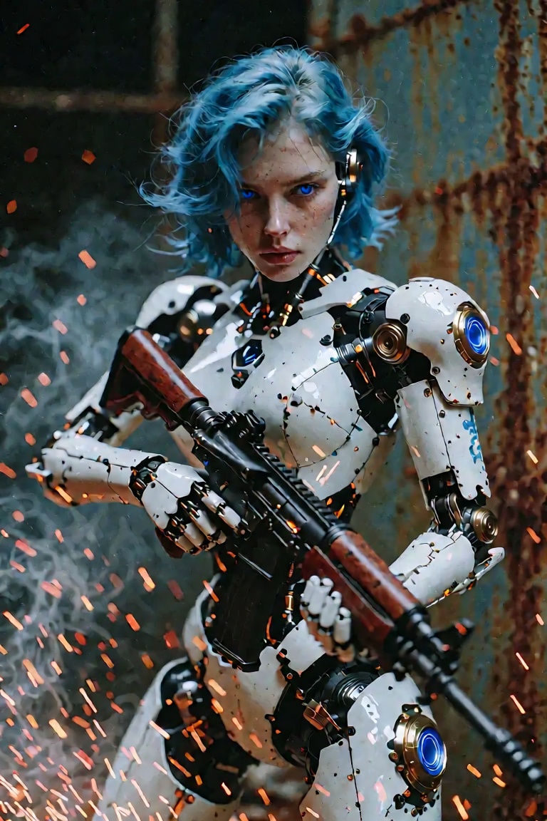 cyberkrea,  a woman with a striking blue hair and piercing blue eyes stands confidently,  her gaze directed straight ahead...