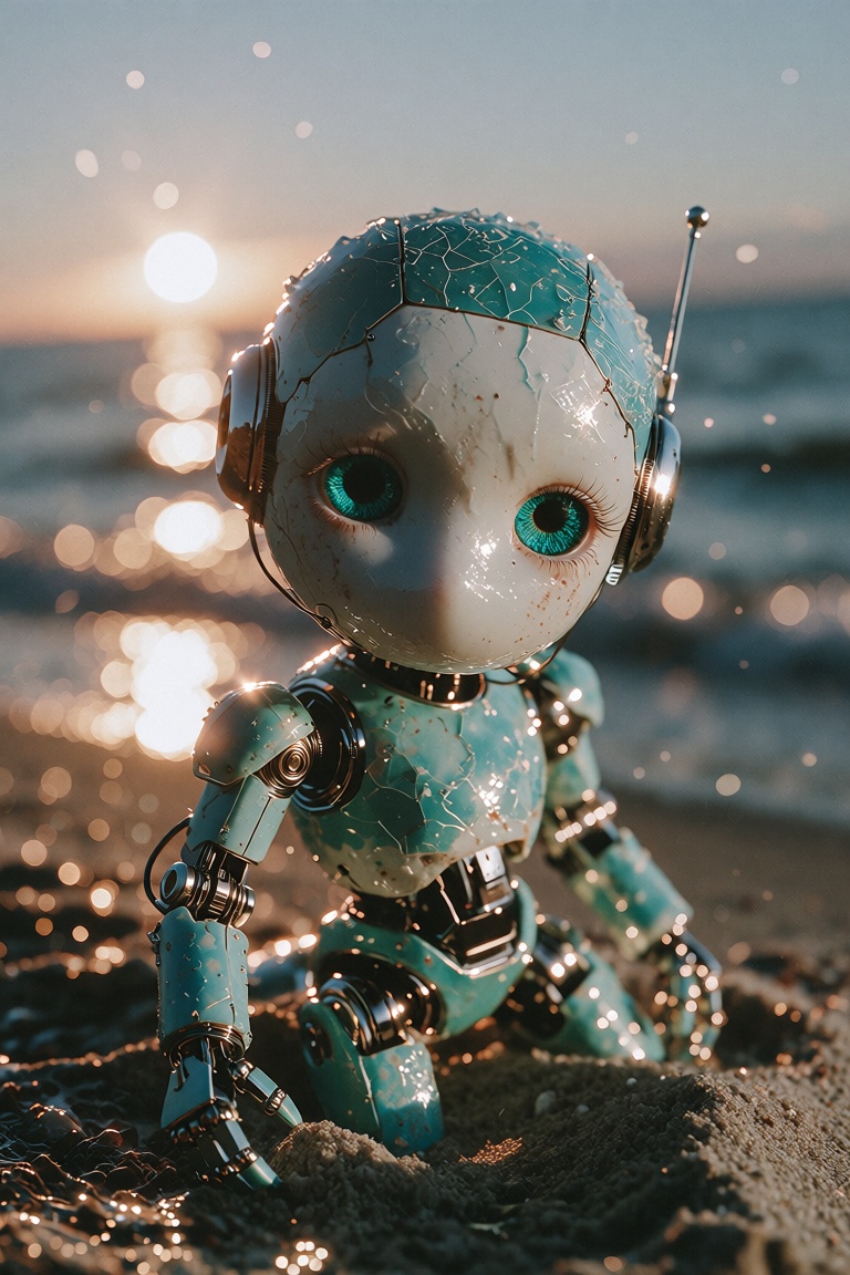 Full length view. Little funny robot,  porcelain face and head,  big turquoise eyes on Tensor.Art