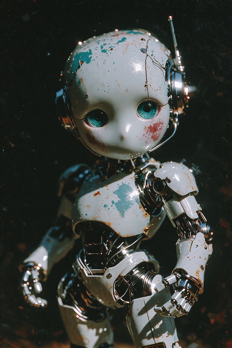 Full length view. Little funny robot,  porcelain face and head,  big turquoise eyes on Tensor.Art