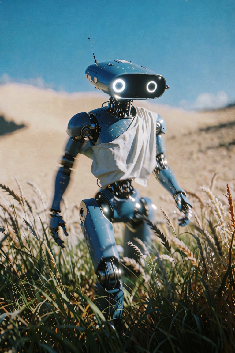 cyberkrea,  a robot,  with a metallic blue body and a white cloth draped over its torso on Tensor.Art