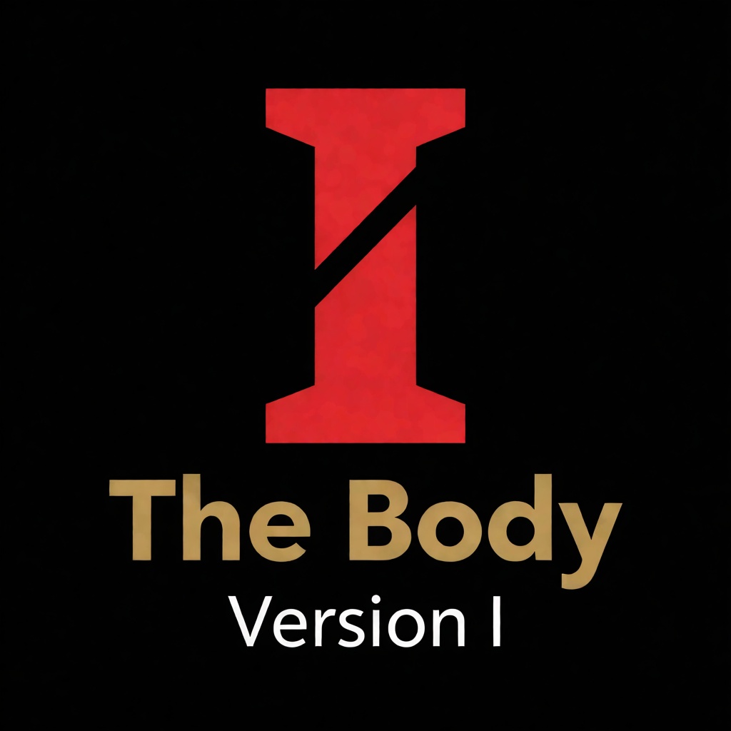 a red logo of the letter "I",  above the golden text "The Body" underneath white text "Version I",  black background on Te...