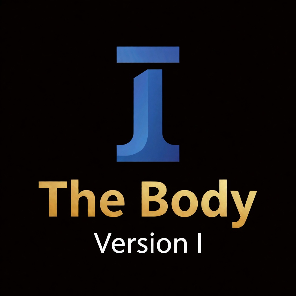 a blue logo of the letter "I",  above the golden text "The Body" underneath white text "Version I",  black background on T...