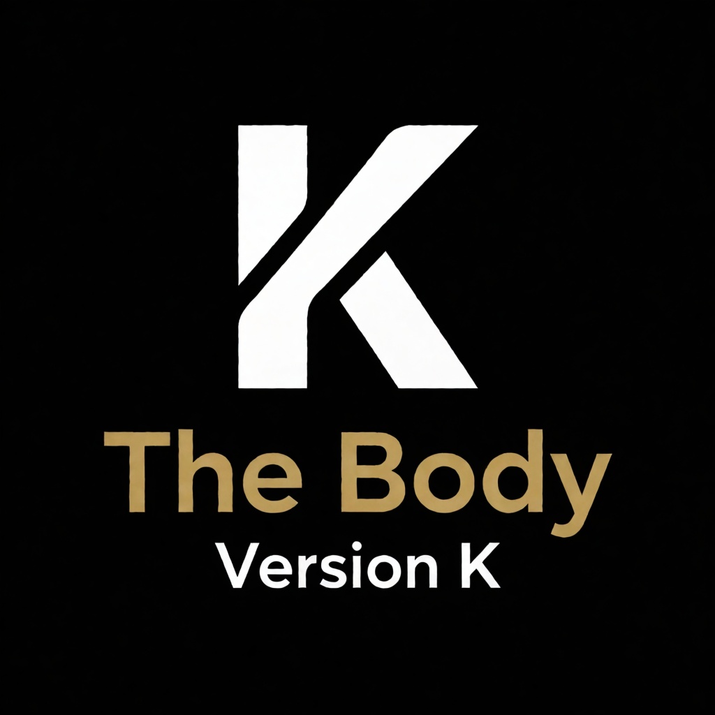 a white logo of the letter "K",  above the golden text "The Body" underneath white text "Version K",  black background on...