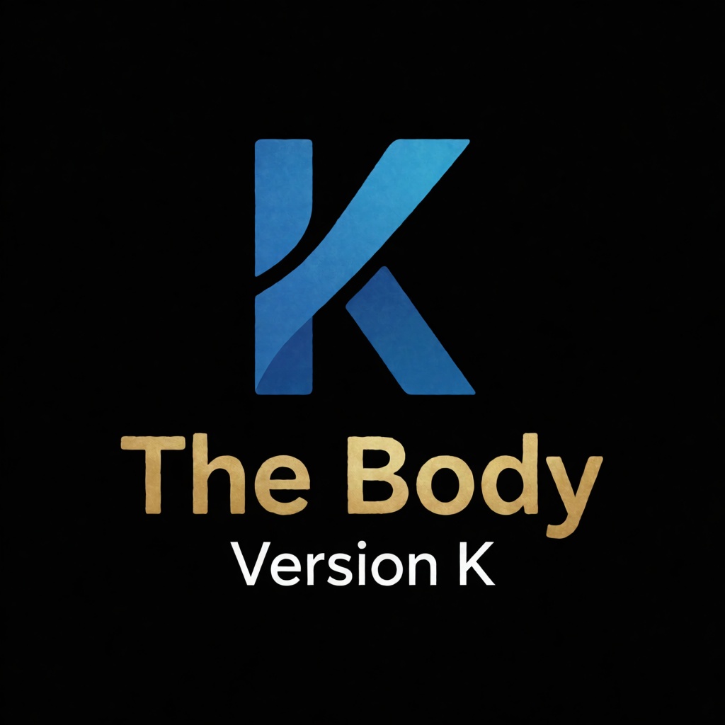 a blue logo of the letter "K",  above the golden text "The Body" underneath white text "Version K",  black background on T...