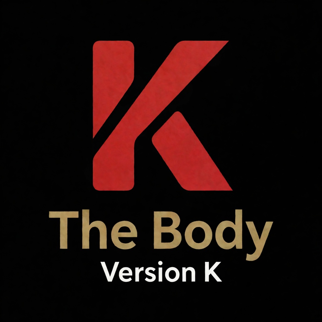 a red logo of the letter "K",  above the golden text "The Body" underneath white text "Version K",  black background on Te...
