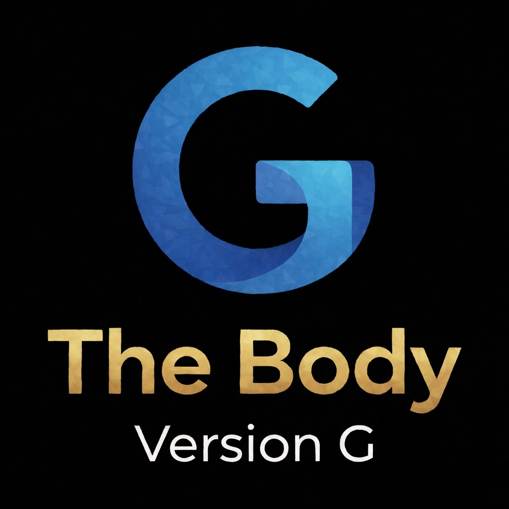 a blue logo of the letter "G",  above the golden text "The Body" underneath white text "Version G",  black background on T...
