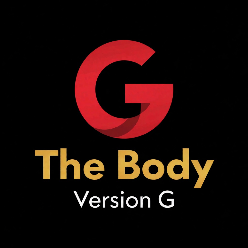 a red logo of the letter "G",  above the golden text "The Body" underneath white text "Version G",  black background on Te...