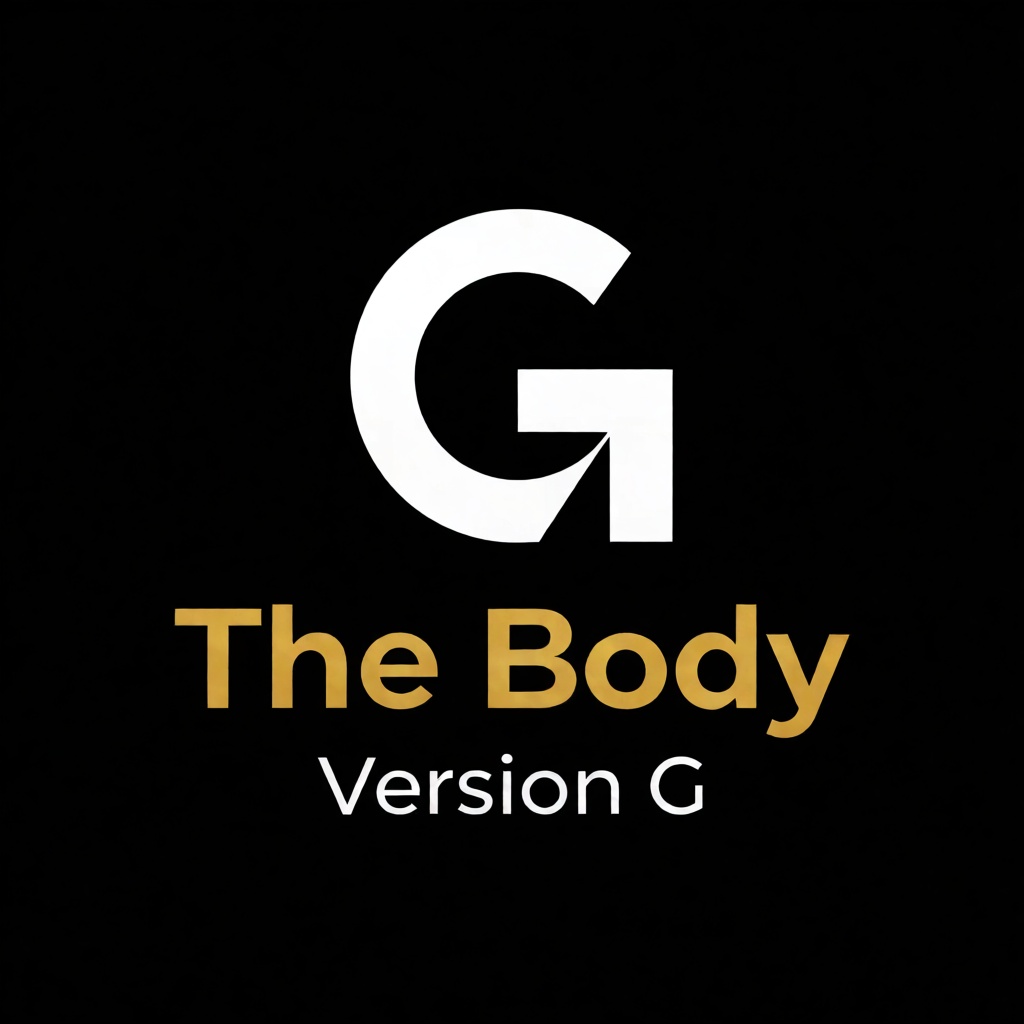 a white logo of the letter "G",  above the golden text "The Body" underneath white text "Version G",  black background on...