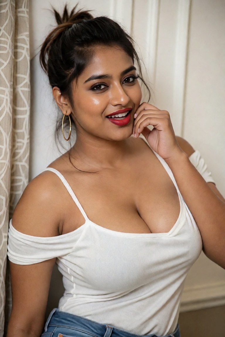 thiccccckbebe,  A medium-shot portrait depicts a woman with a voluptuous,  thick build and dark brown hair styled in a mes...