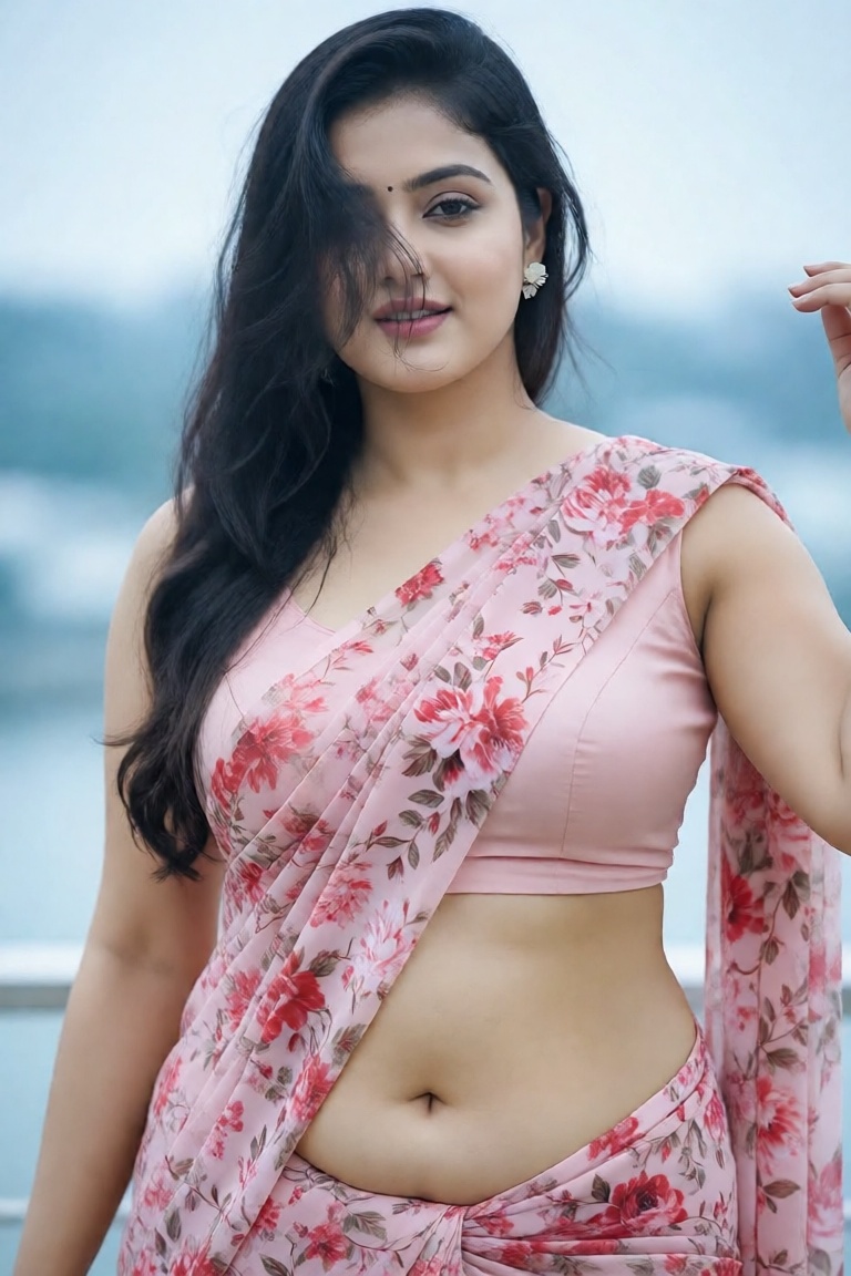 thiccccckbebe,  A medium shot shows a woman with a voluptuous,  curvy build posing outdoors against a soft-focus on Tensor...