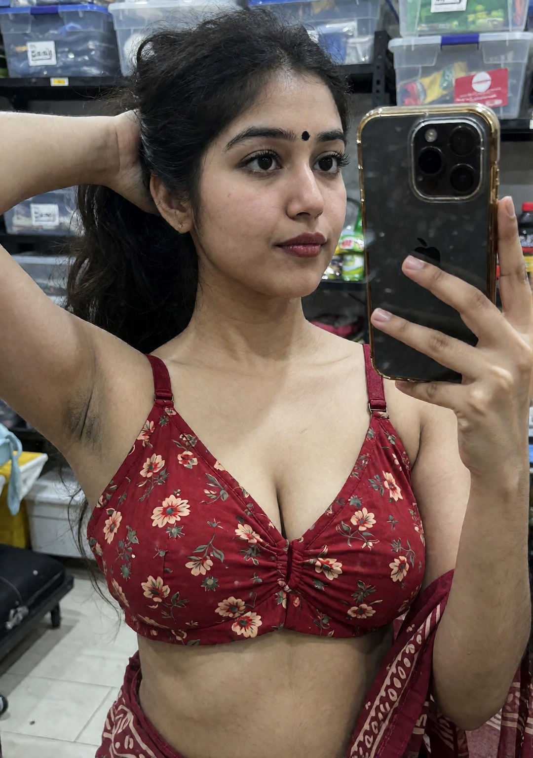 A photorealistic mirror selfie of a beautiful young South Asian Indian woman indoors. She has long dark black hair,  warm...
