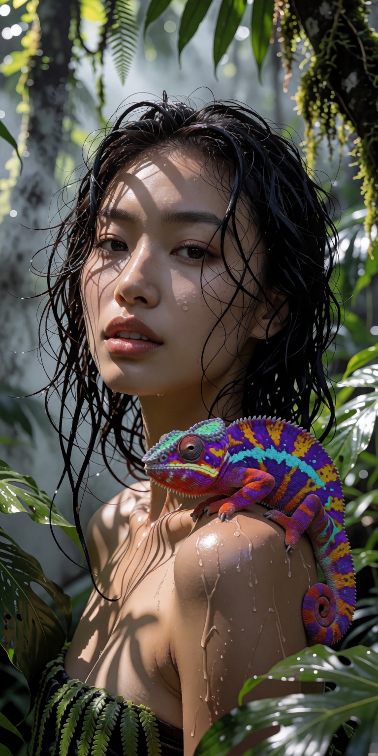 A stunning cinematic close-up portrait of a beautiful Asian woman standing in a lush tropical rainforest. **The Subject:**...