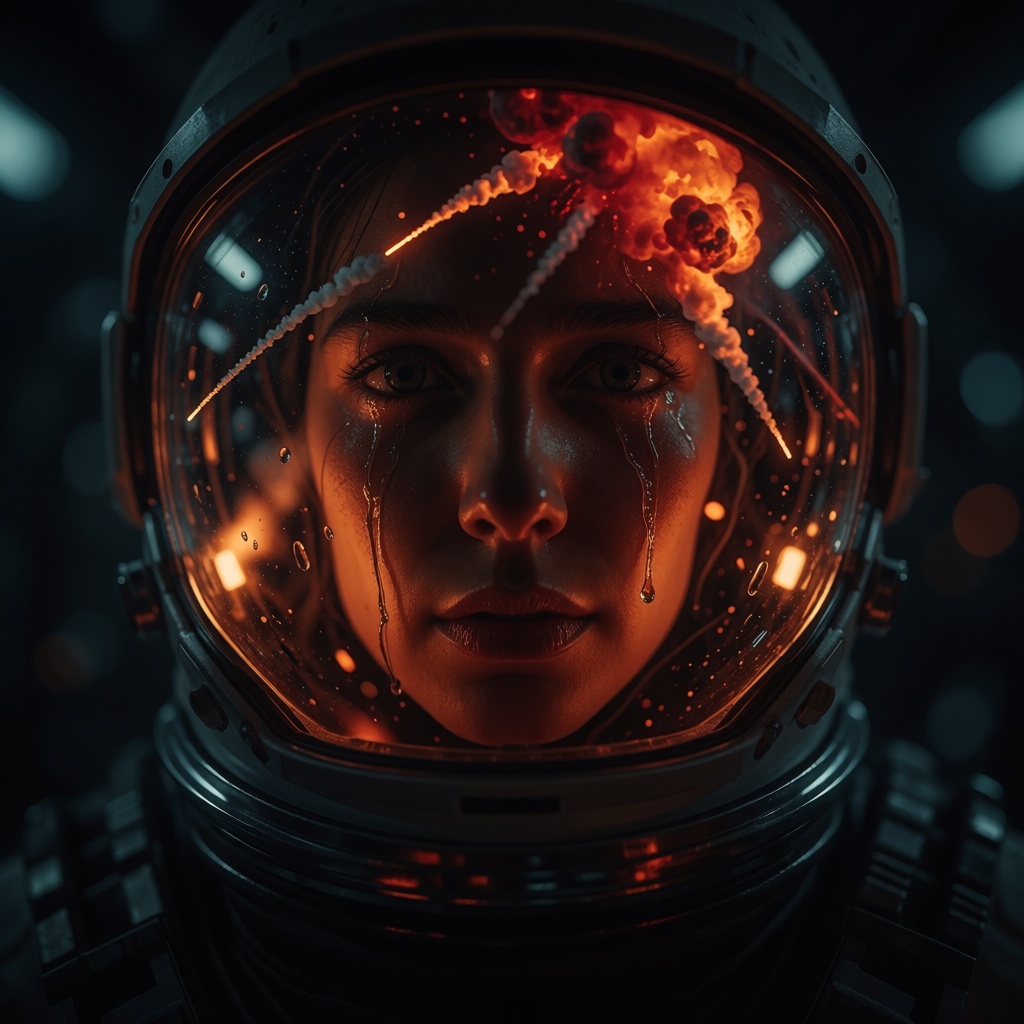 very close-up cinematic movie still frame — female astronaut’s helmet dominating the frame,  interior visor reflecting an...