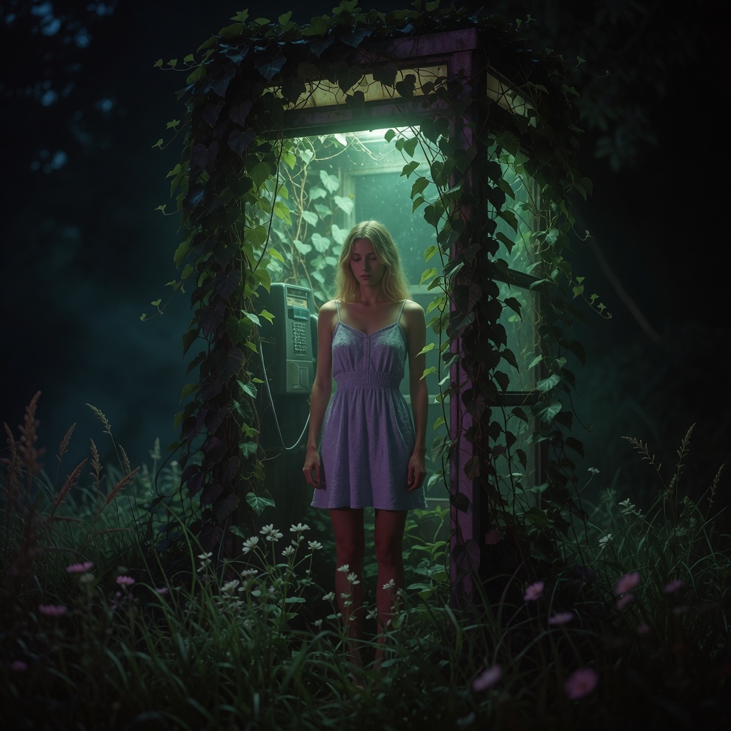 Amidst the darkness of night,  a beautiful young woman stands inside an abandoned telephone booth overgrown with vegetatio...