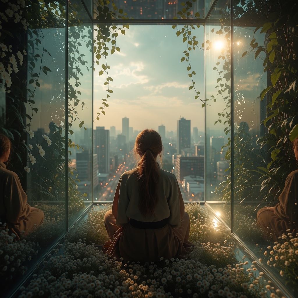 A woman,  seen ,  sits enclosed by towering on Tensor.Art