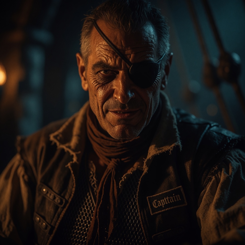 close-up movie still frame of an evil medieval fantasy middle-aged male character with weathered rugged features,  wearing...