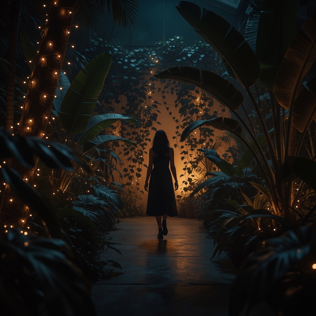 A wide cinematic shot of a woman walking through a botanical house at night. The space is illuminated by soft,  warm fairy...