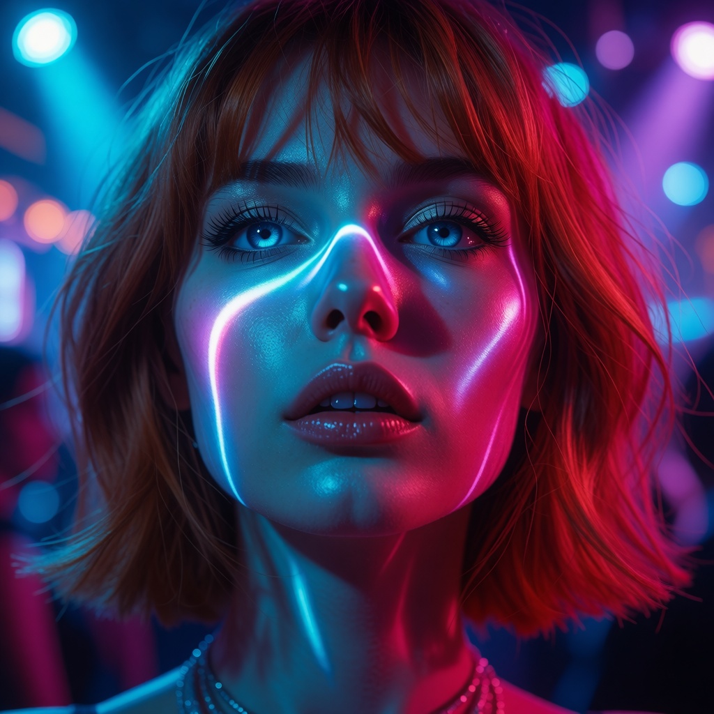 realistic photograph of Close-up cinematic portrait of a beautiful young woman with short reddish-brown hair and bangs,  s...