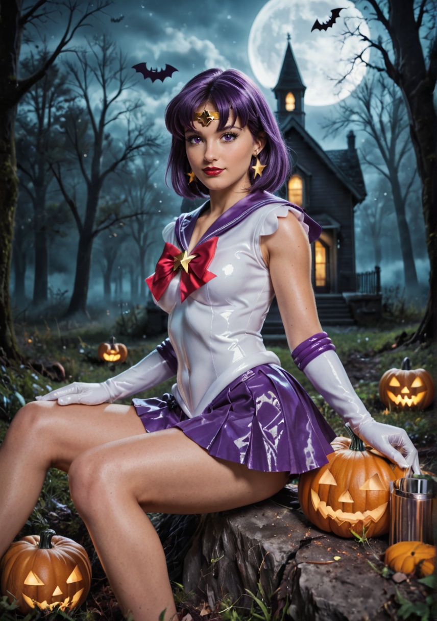 shiny wet-look latex outfit,  A stunning shot of a Sailor Saturn walking with shiny purple hair and bangs. Purple eyes,  b...