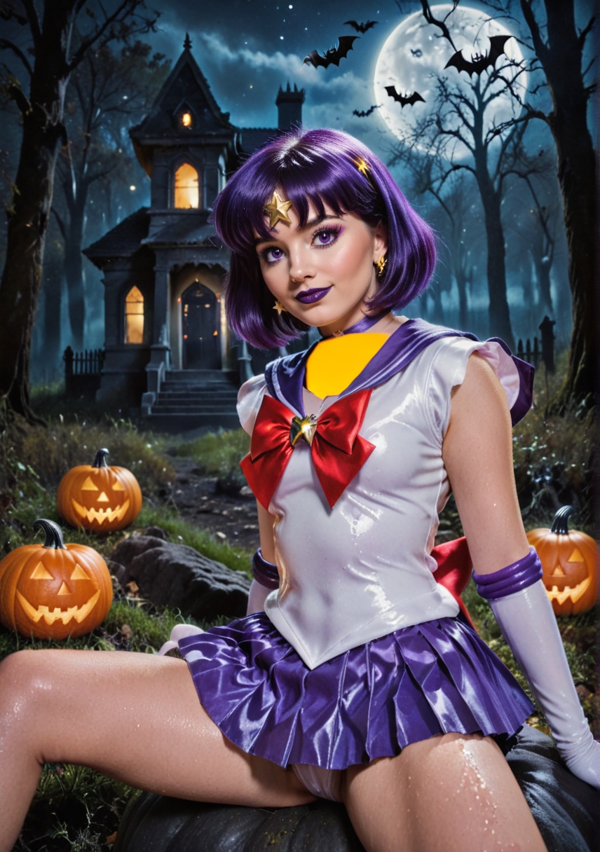 shiny wet-look latex outfit,  A stunning shot of a Sailor Saturn with shiny purple hair and bangs. Purple eyes,  black lip...