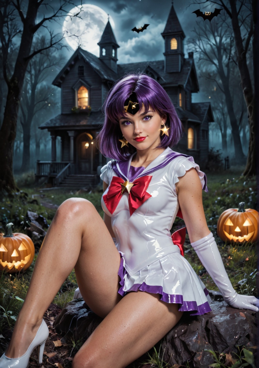 shiny wet-look latex outfit,  A stunning shot of a Sailor Saturn walking with shiny purple hair and bangs. Purple eyes,  b...