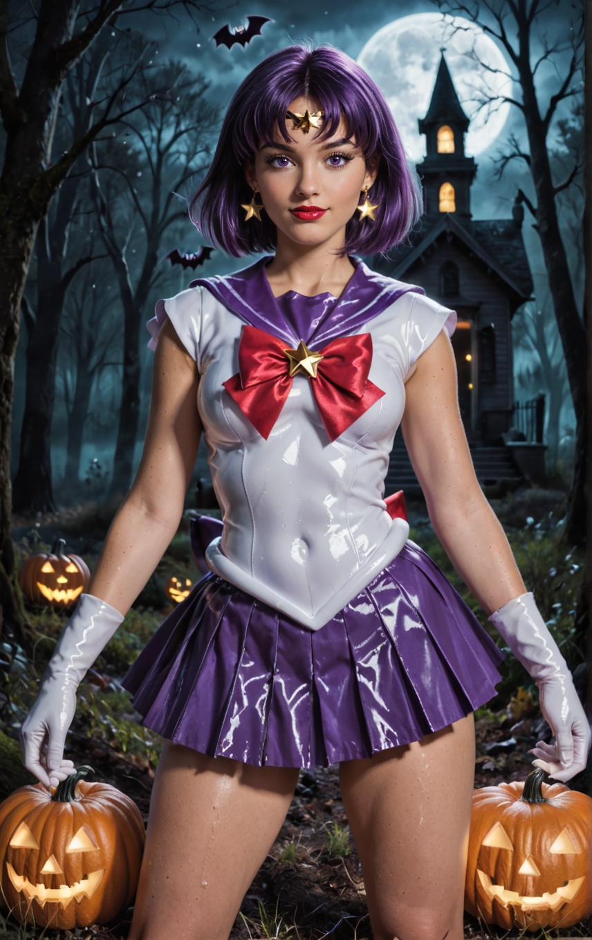 shiny wet-look latex outfit,  A stunning shot of a Sailor Saturn walking with shiny purple hair and bangs. Purple eyes,  b...