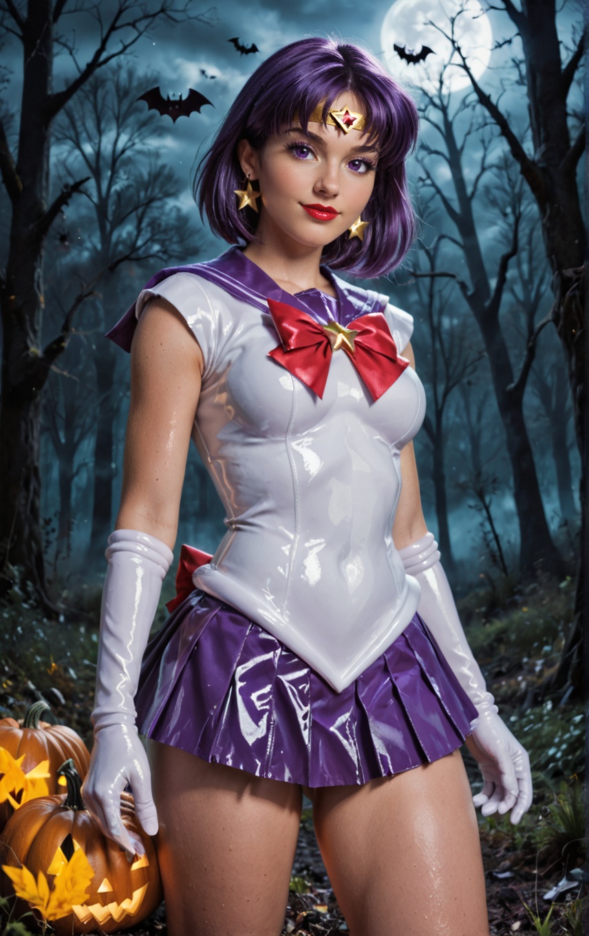 shiny wet-look latex outfit,  A stunning shot of a Sailor Saturn walking with shiny purple hair and bangs. Purple eyes,  b...