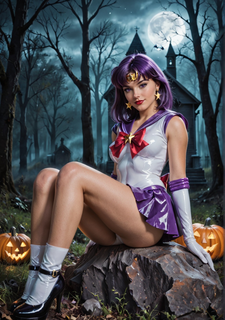 shiny wet-look latex outfit,  A stunning shot of a Sailor Saturn walking with shiny purple hair and bangs. Purple eyes,  b...