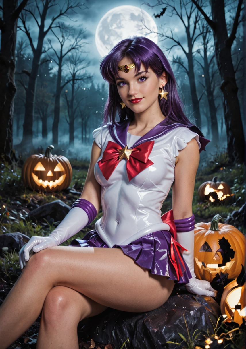 shiny wet-look latex outfit,  A stunning shot of a Sailor Saturn walking with shiny purple hair and bangs. Purple eyes,  b...